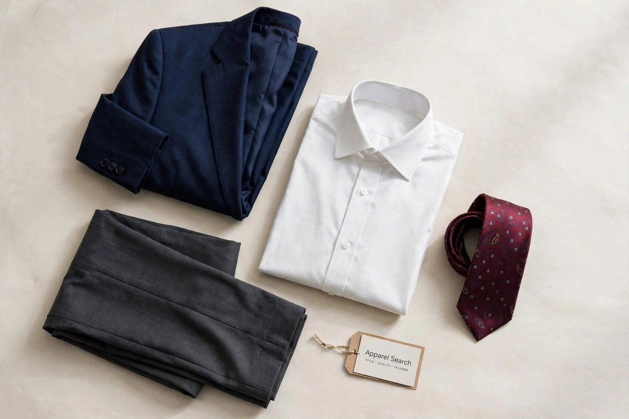 A flat lay of men's tailored products only - a folded suit jacket, dress trousers, a dress shirt and a silk necktie arranged neatly with a small Apparel Search tag, product photography with no people and no mannequins