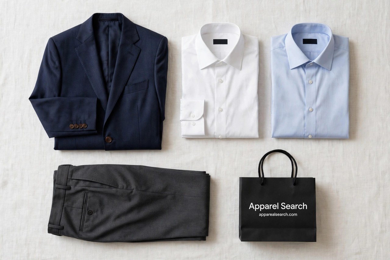 A flat lay of men's tailored products only - a folded suit jacket, tailored trousers and dress shirts arranged neatly with a small Apparel Search shopping bag, product photography with no people and no mannequins