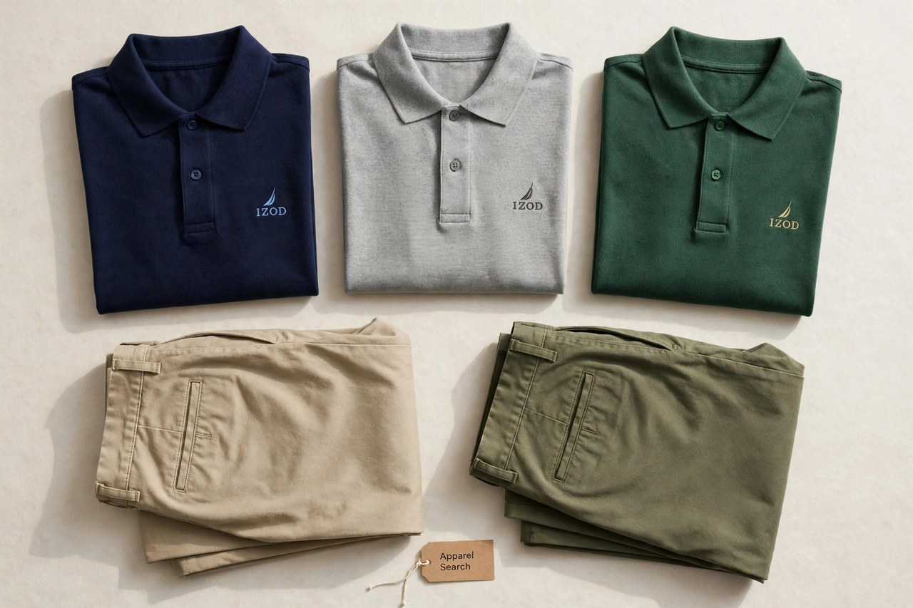 A flat lay of men's Izod-style clothing products only - folded pique polo shirts and casual pants arranged neatly with a small Apparel Search tag, product photography with no people and no mannequins