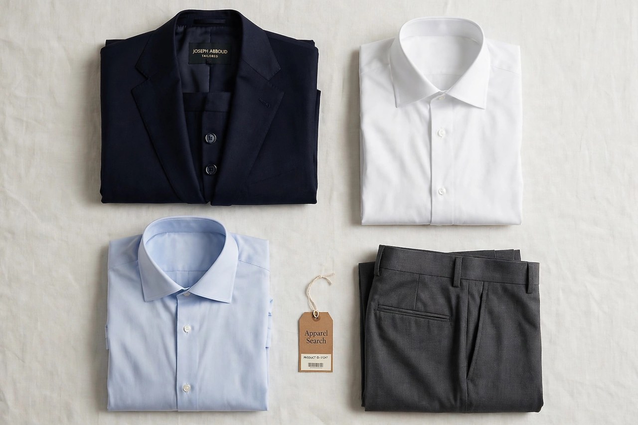 A flat lay of men's Joseph Abboud tailored clothing products only - a folded suit jacket, dress shirts and tailored trousers arranged neatly with a small Apparel Search tag, product photography with no people and no mannequins