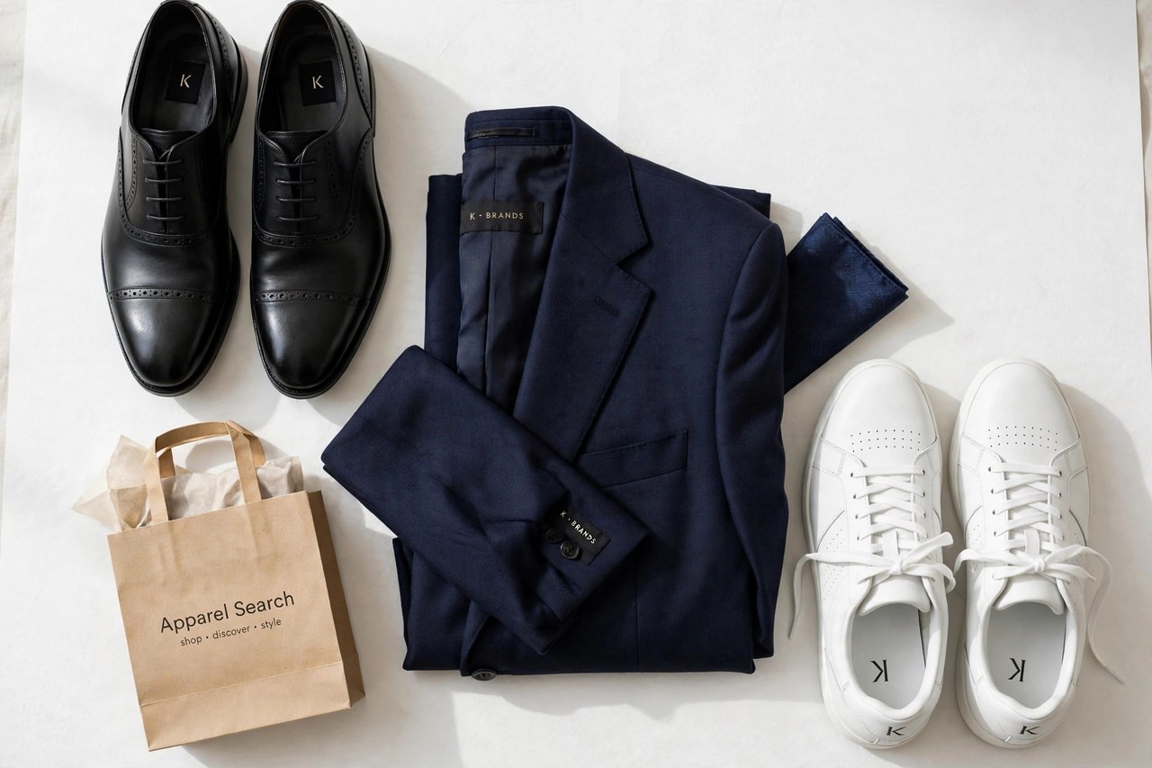 A flat lay of men's clothing from the K brands as products only - dress shoes, a folded suit jacket and a pair of white leather tennis shoes arranged together with a small Apparel Search shopping bag, product photography with no people and no mannequins