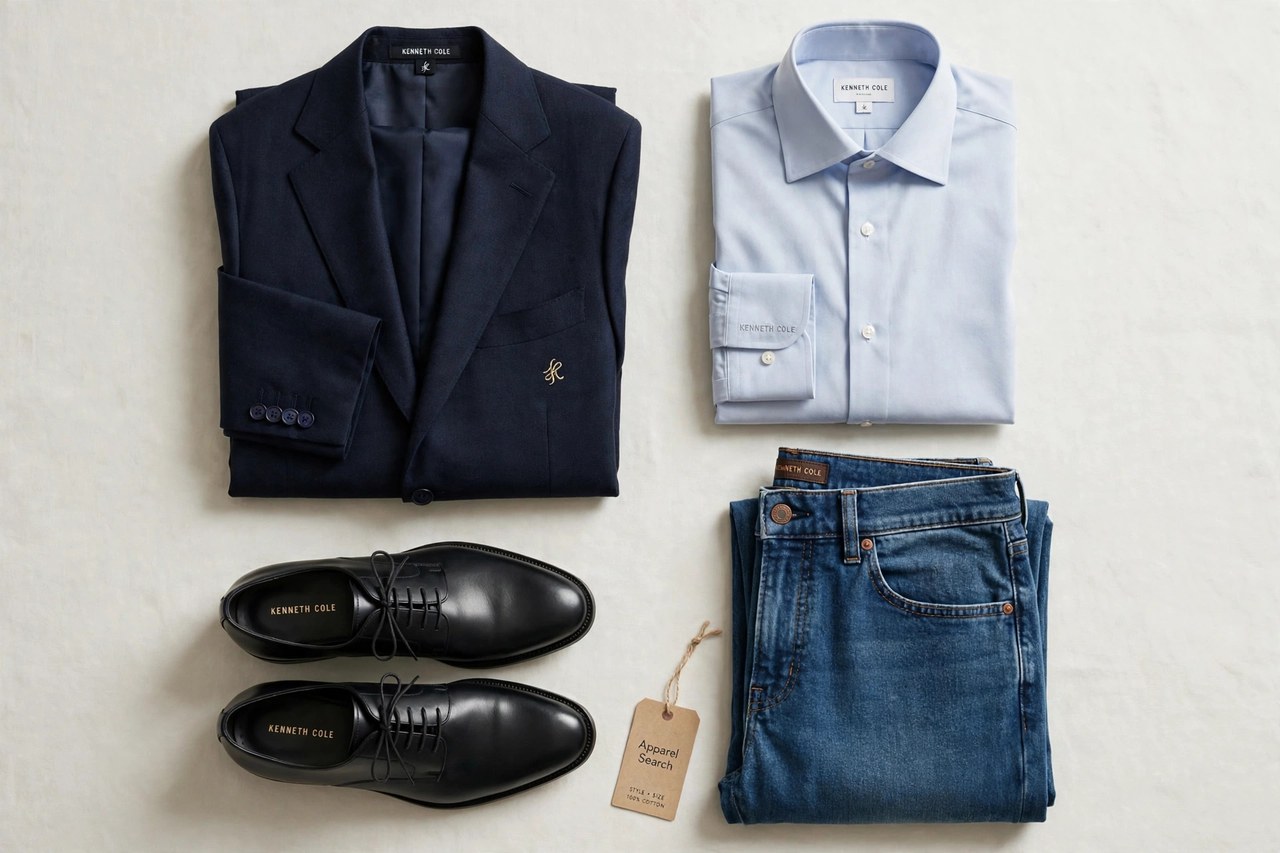 A flat lay of men's Kenneth Cole clothing products only - a folded suit jacket, dress shirt, denim pants and dress shoes arranged neatly with a small Apparel Search tag, product photography with no people and no mannequins