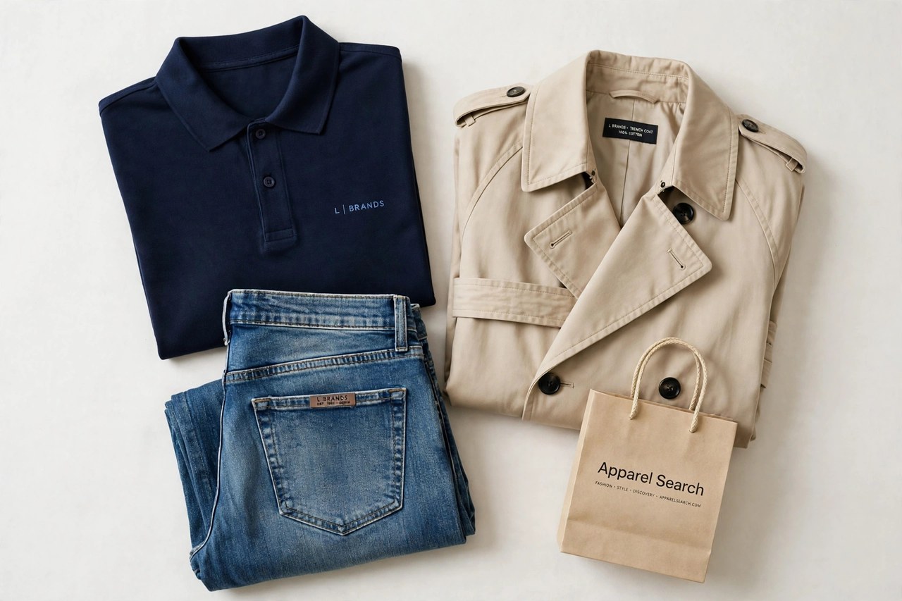 A flat lay of men's clothing from the L brands as products only - a polo shirt, folded denim jeans and a trench coat arranged together with a small Apparel Search shopping bag, product photography with no people and no mannequins