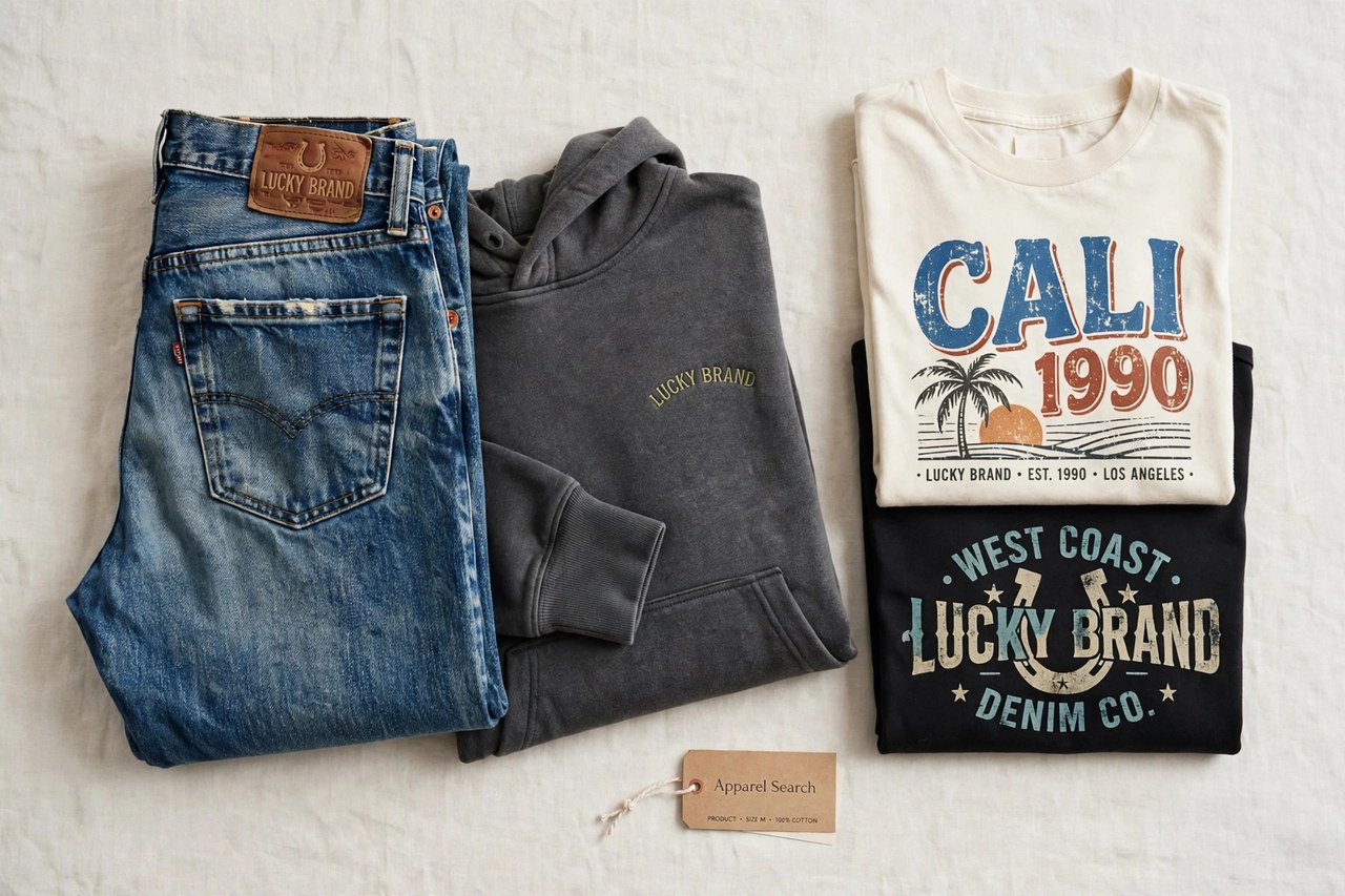 A flat lay of men's Lucky Brand clothing products only - folded vintage-style denim jeans, graphic t-shirts and a hoodie arranged neatly with a small Apparel Search tag, product photography with no people and no mannequins