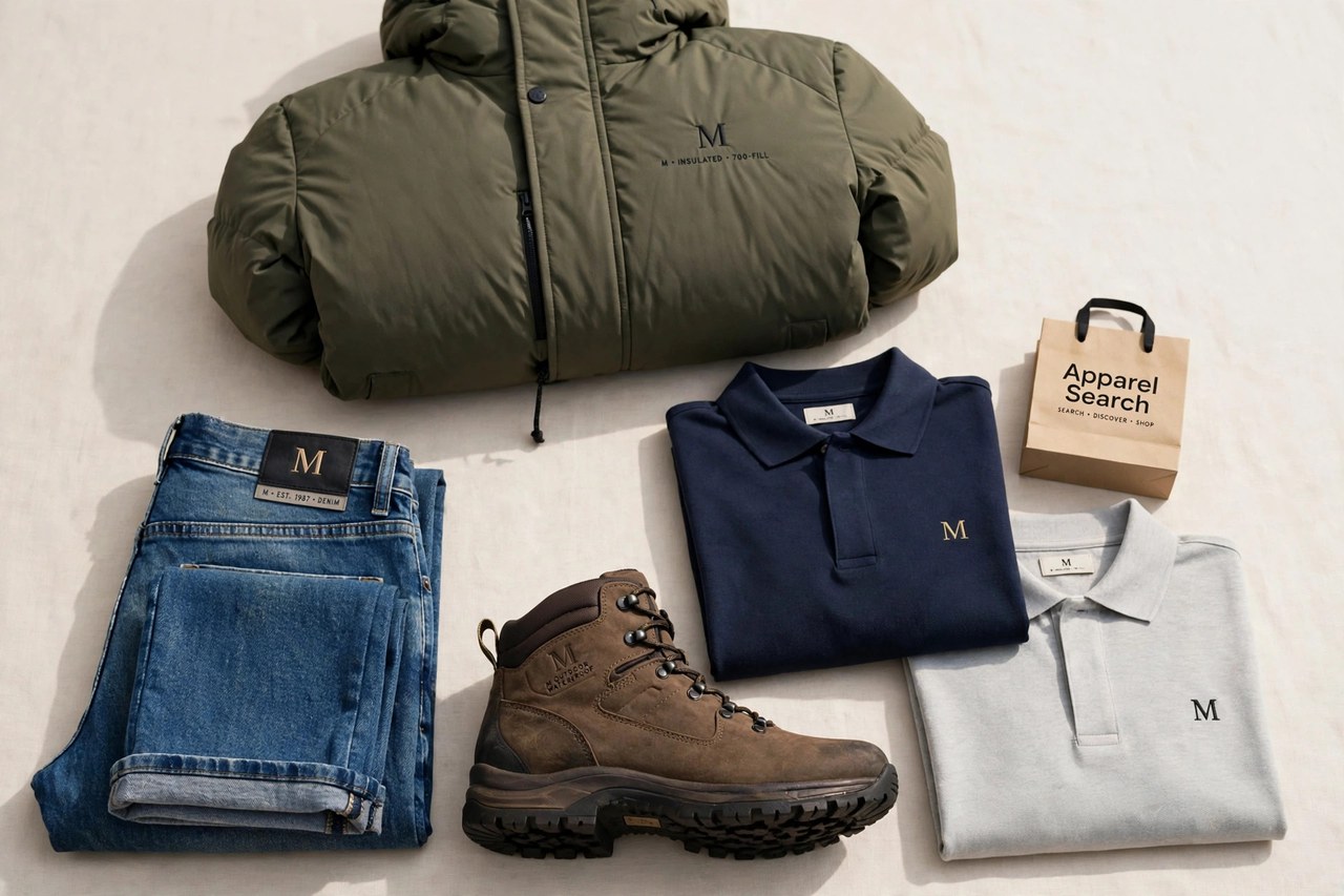 A flat lay of men's clothing from the M brands as products only - folded denim, a hiking boot, an insulated parka and polo shirts arranged together with a small Apparel Search shopping bag, product photography with no people and no mannequins