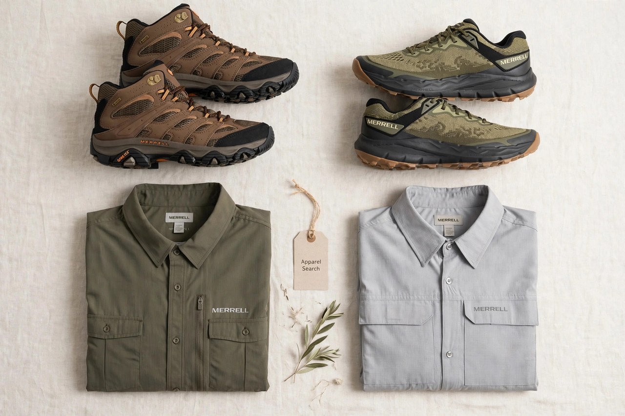 A flat lay of men's Merrell products only - a pair of hiking boots, trail shoes and folded outdoor shirts arranged neatly with a small Apparel Search tag, product photography with no people and no mannequins