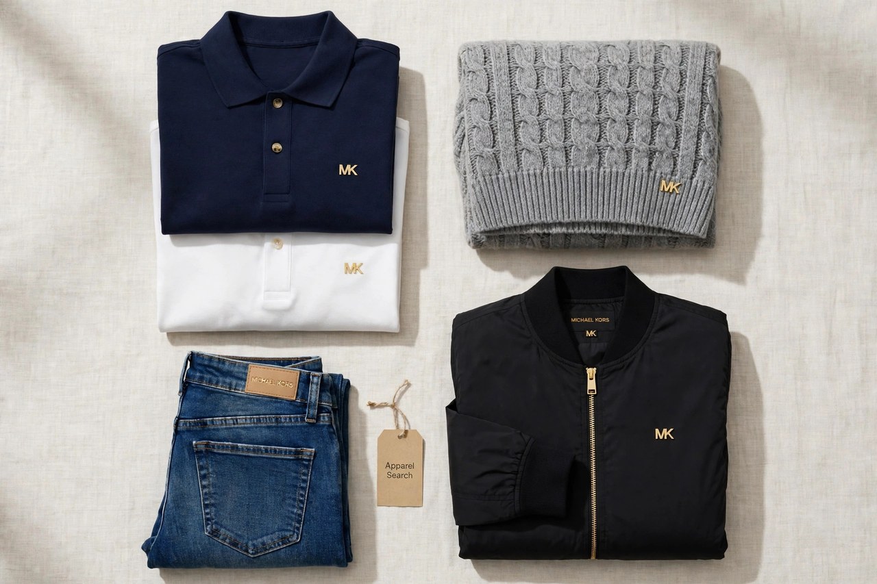 A flat lay of men's Michael Kors clothing products only - folded polo shirts, a sweater, denim jeans and a jacket arranged neatly with a small Apparel Search tag, product photography with no people and no mannequins