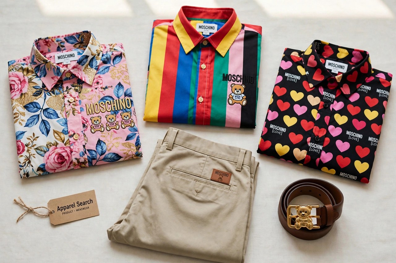 A flat lay of men's Moschino clothing products only - folded colorful designer shirts, trousers and a leather accessory arranged neatly with a small Apparel Search tag, product photography with no people and no mannequins