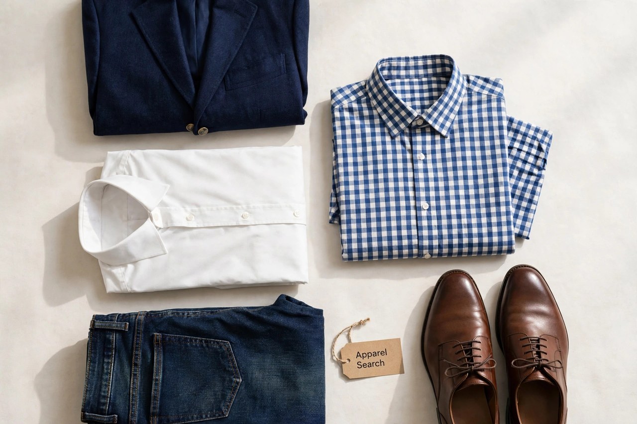 A flat lay of men's fashion products - a folded blazer, shirts, jeans and leather shoes arranged neatly with a small Apparel Search tag, product photography with no people and no mannequins