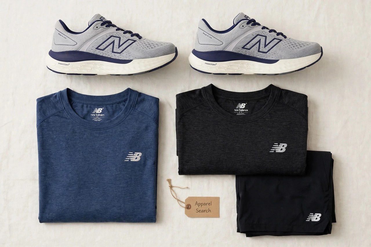 A flat lay of men's New Balance products only - a pair of running shoes, folded athletic shirts and shorts arranged neatly with a small Apparel Search tag, product photography with no people and no mannequins