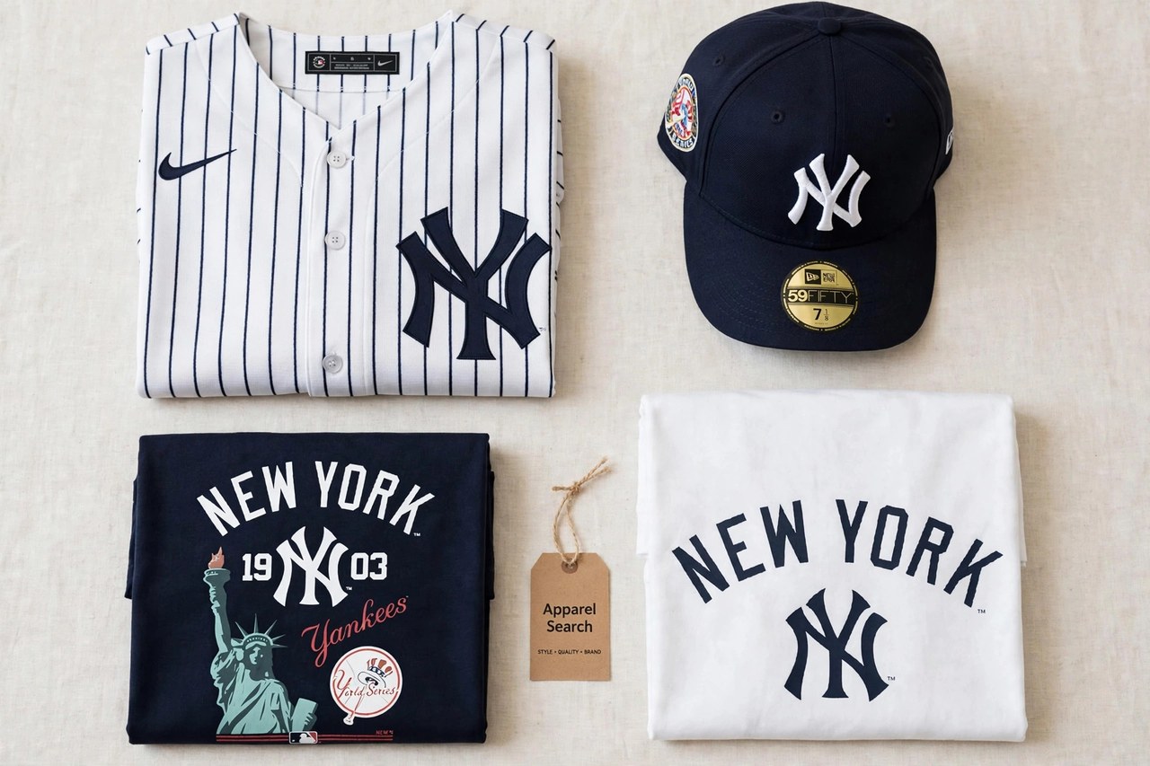 A flat lay of men's New York Yankees clothing products only - a folded pinstripe jersey, a baseball cap and t-shirts arranged neatly with a small Apparel Search tag, product photography with no people and no mannequins