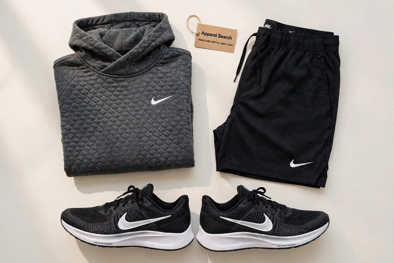 A flat lay of men's Nike products only - a pair of athletic shoes, folded Tech Fleece apparel and training shorts arranged neatly with a small Apparel Search tag, product photography with no people and no mannequins