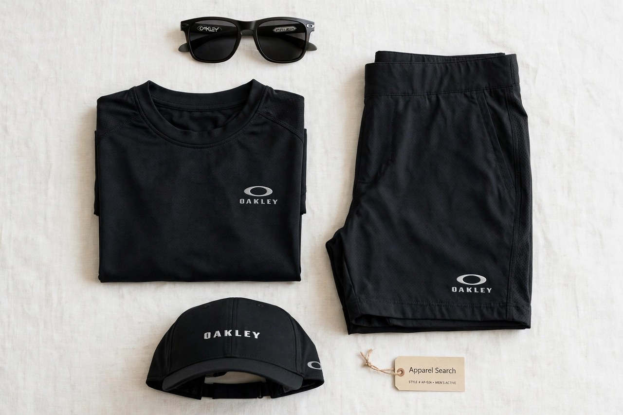 A flat lay of men's Oakley products only - sunglasses, a folded performance shirt, shorts and a cap arranged neatly with a small Apparel Search tag, product photography with no people and no mannequins