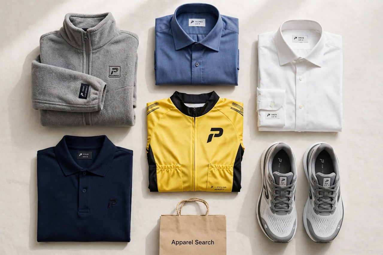 A flat lay of men's clothing from the P brands as products only - a folded fleece, dress shirts, a cycling jersey, a polo shirt and athletic shoes arranged together with a small Apparel Search shopping bag, product photography with no people and no mannequins