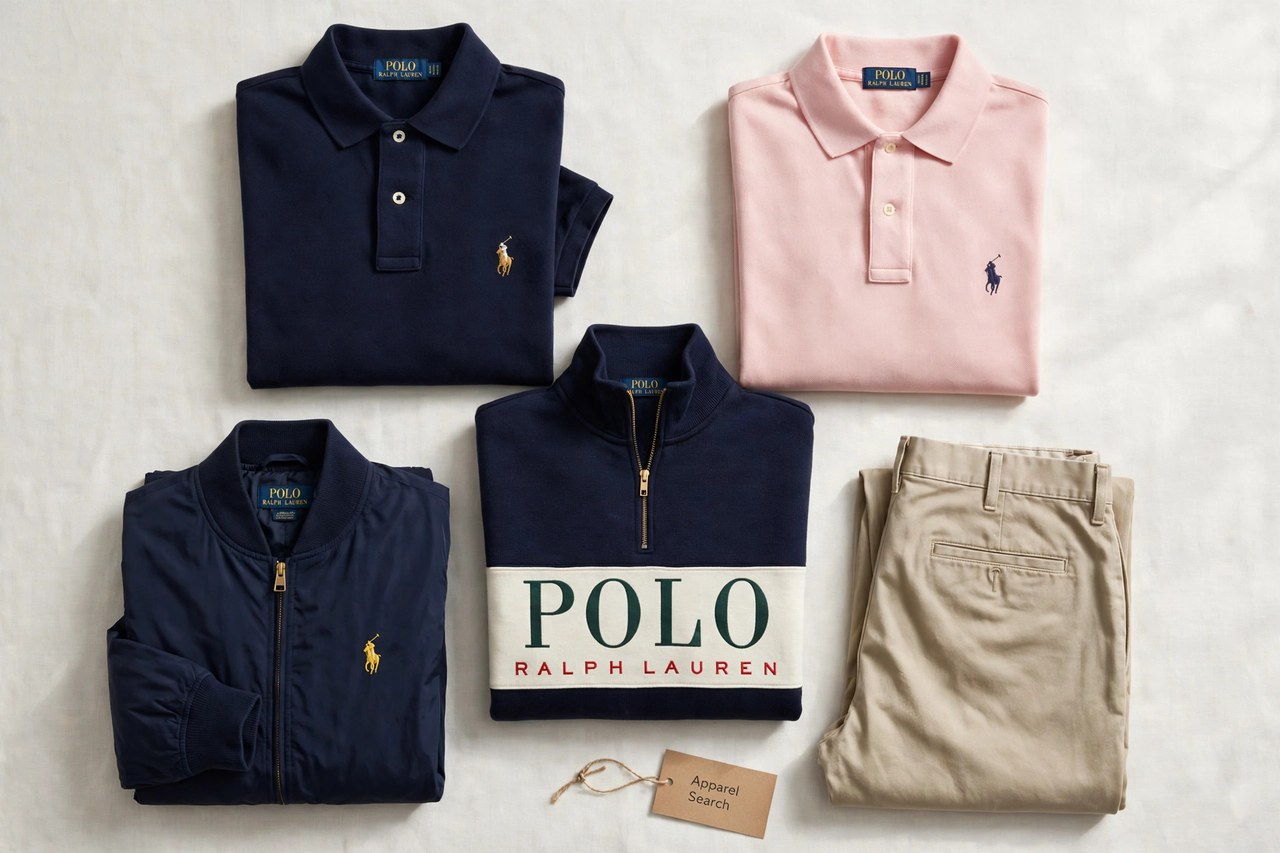 A flat lay of men's Polo Ralph Lauren clothing products only - folded polo shirts, a sweater, chinos and a jacket arranged neatly with a small Apparel Search tag, product photography with no people and no mannequins