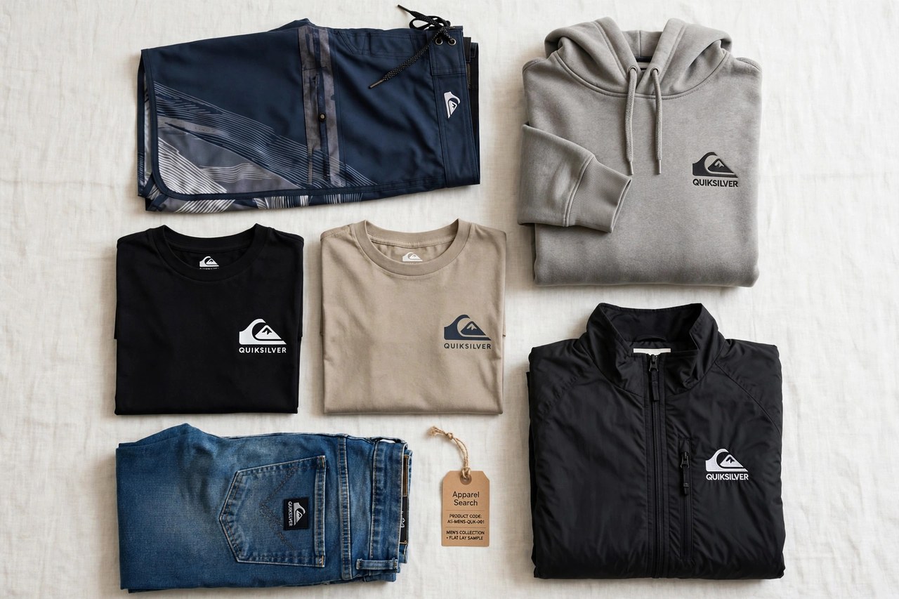 A flat lay of men's Quiksilver clothing products only - boardshorts, a folded hoodie, t-shirts, jeans and a jacket arranged neatly with a small Apparel Search tag, product photography with no people and no mannequins