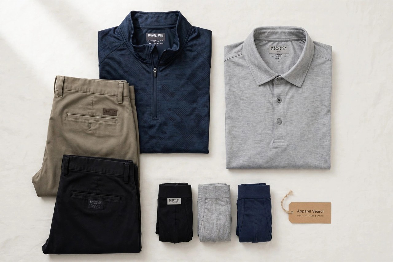A flat lay of men's Reaction by Kenneth Cole style clothing products only - folded sportswear shirts, trousers and underwear basics arranged neatly with a small Apparel Search tag, product photography with no people and no mannequins