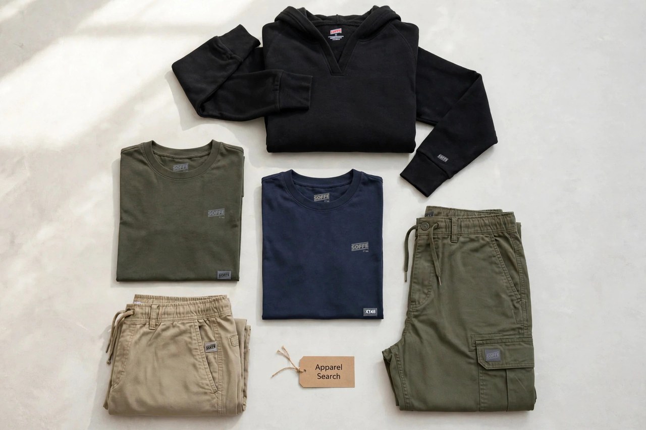 A flat lay of men's Soffe style apparel products only - folded t-shirts, a hoodie, shorts and pants arranged neatly with a small Apparel Search tag, product photography with no people and no mannequins