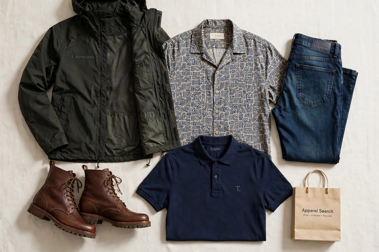 A flat lay of men's clothing from the T brands as products only - an outdoor shell jacket, leather boots, a patterned shirt, jeans and a polo arranged together with a small Apparel Search shopping bag, product photography with no people and no mannequins