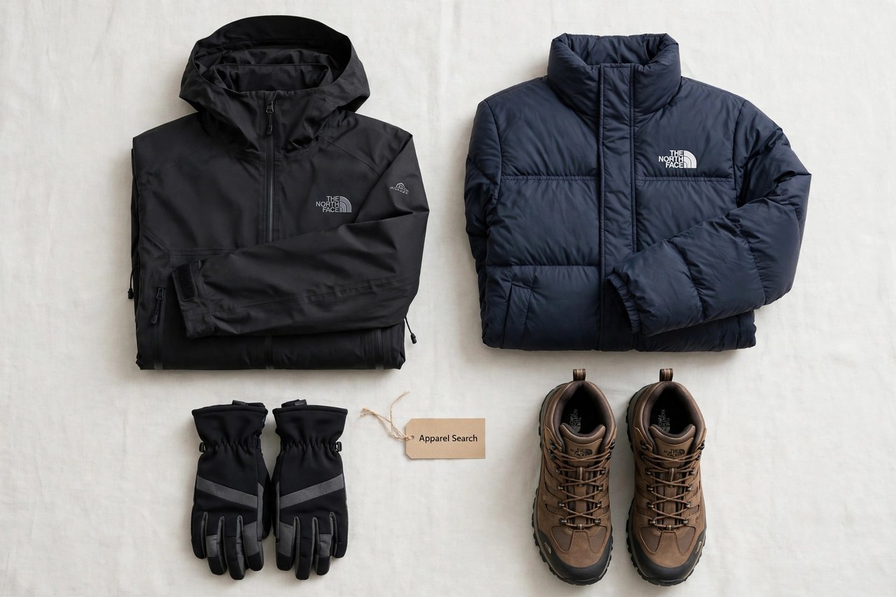 A flat lay of men's The North Face style outdoor products only - a technical shell jacket, hiking boots, gloves and an insulated coat arranged neatly with a small Apparel Search tag, product photography with no people and no mannequins