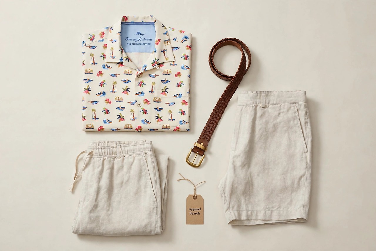 A flat lay of men's Tommy Bahama style clothing products only - a silk camp shirt, linen pants, shorts and a belt arranged neatly on a plain background with a small Apparel Search tag, product photography with no people and no mannequins
