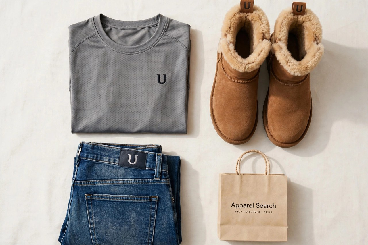 A flat lay of men's clothing from the U brands as products only - folded jeans, a pair of sheepskin boots and a training shirt arranged together with a small Apparel Search shopping bag, product photography with no people and no mannequins