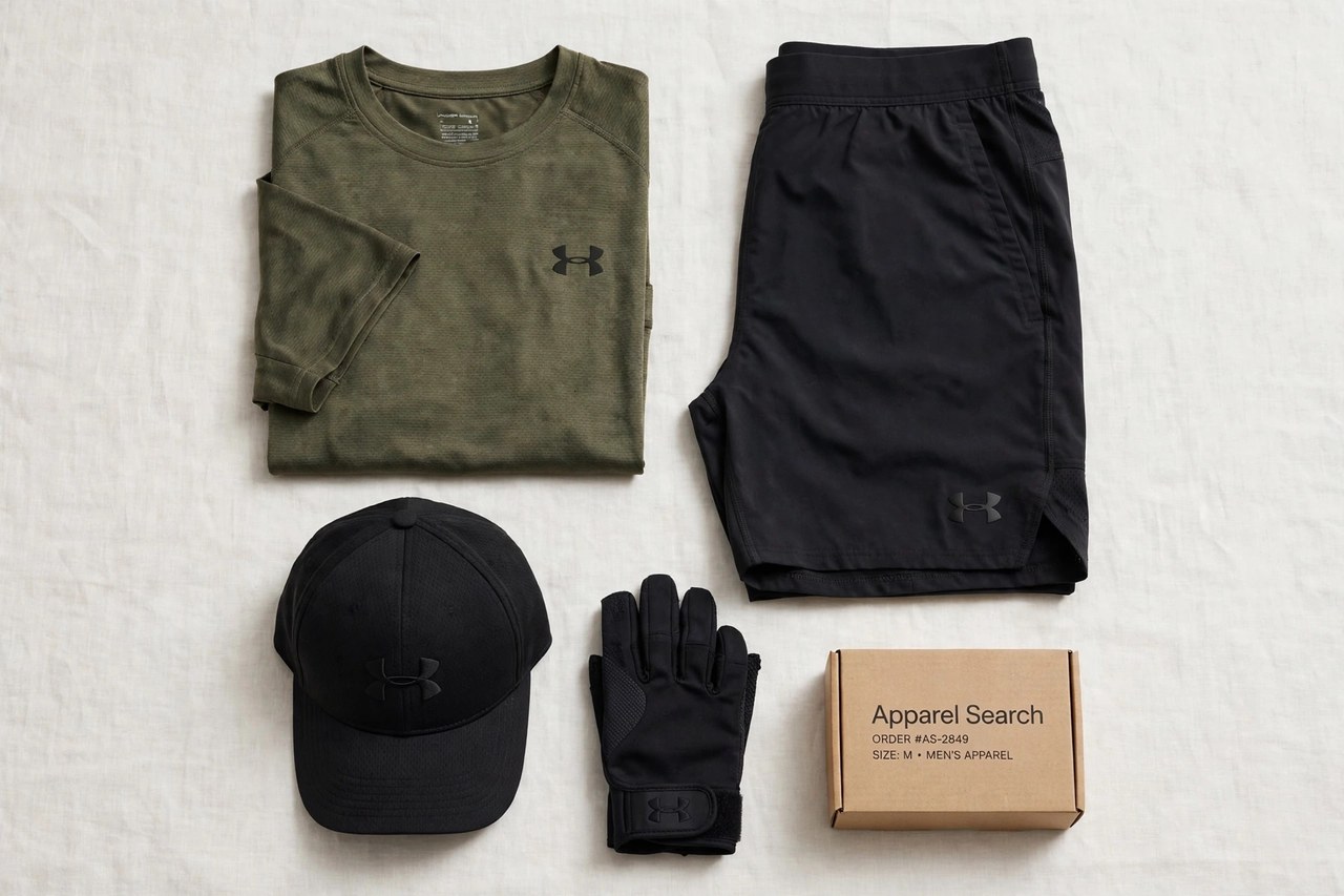 A flat lay of men's Under Armour style products only - a folded moisture-wicking training shirt, shorts, cap and gloves arranged neatly with a small Apparel Search carton, product photography with no people and no mannequins