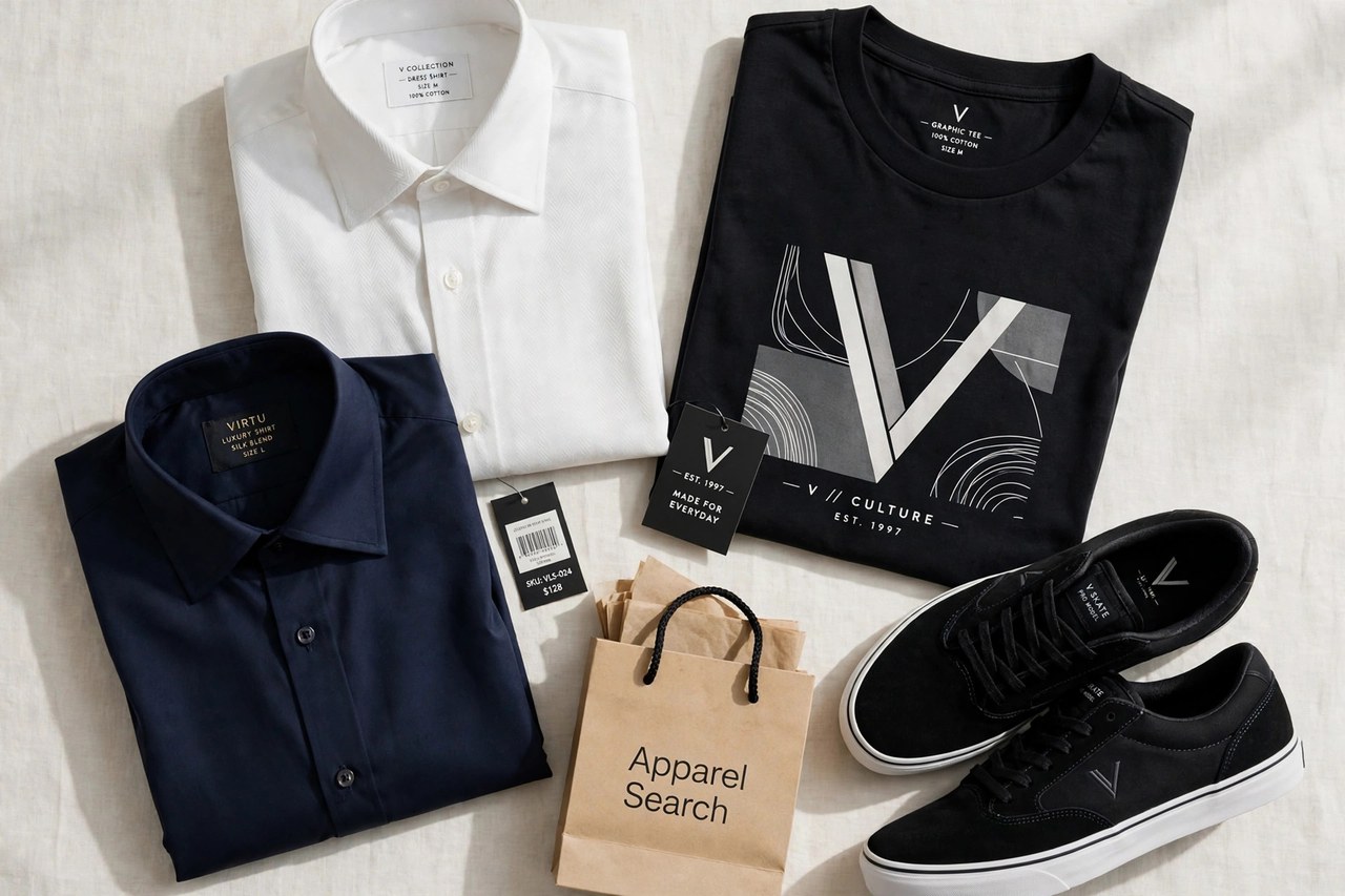 A flat lay of men's clothing from the V brands as products only - folded dress shirts, skate shoes, luxury shirts and graphic tees arranged together with a small Apparel Search shopping bag, product photography with no people and no mannequins
