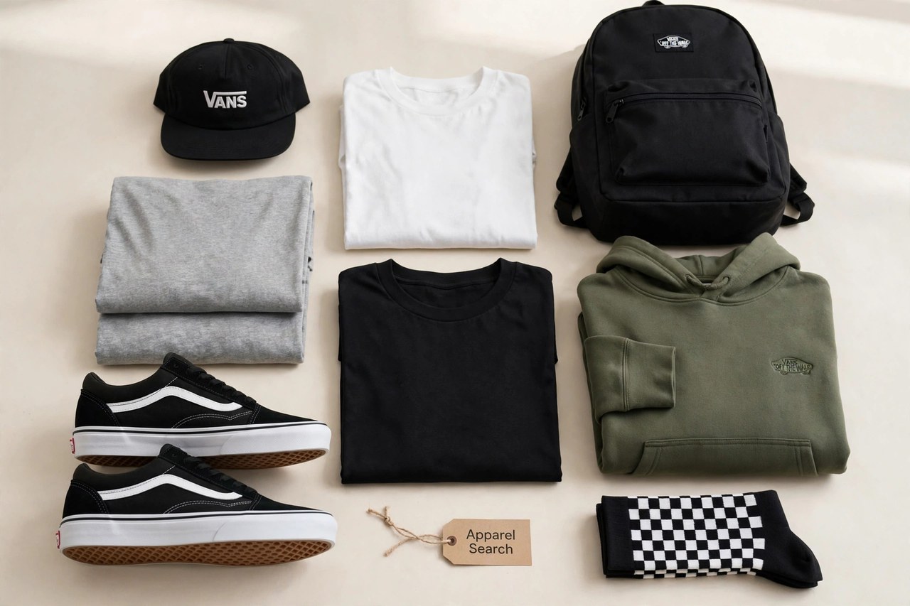 A flat lay of men's Vans style products only - a pair of skateboarding shoes beside folded t-shirts, hoodie, socks, hat and backpack arranged neatly with a small Apparel Search tag, product photography with no people and no mannequins