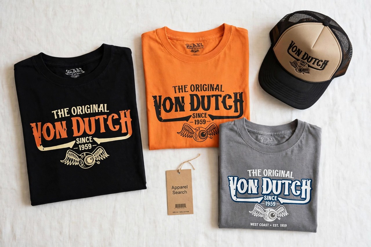 A flat lay of men's Von Dutch style products only - folded graphic t-shirts and a cap arranged neatly with a small Apparel Search tag, product photography with no people and no mannequins