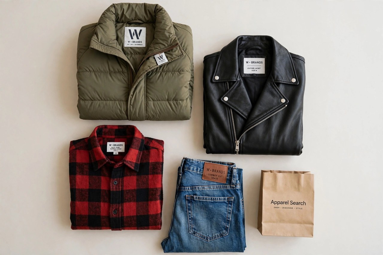 A flat lay of men's clothing from the W brands as products only - a folded outerwear jacket, a leather jacket, a buffalo check wool shirt and cowboy cut jeans arranged together with a small Apparel Search shopping bag, product photography with no people and no mannequins
