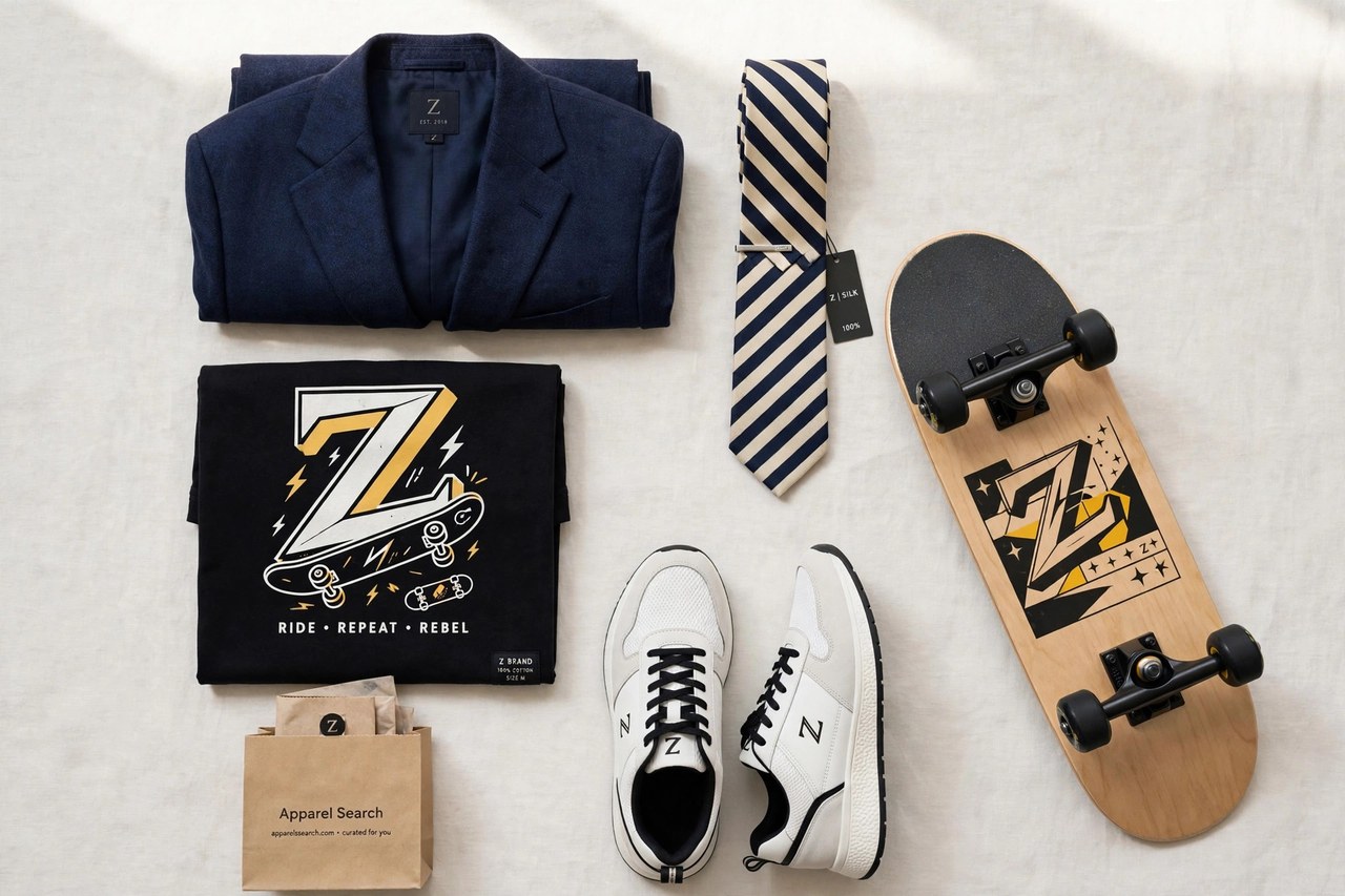 A flat lay of men's clothing from the Z brands as products only - a folded suit jacket and necktie beside a graphic t-shirt, a skateboard and sneakers arranged together with a small Apparel Search shopping bag, product photography with no people and no mannequins