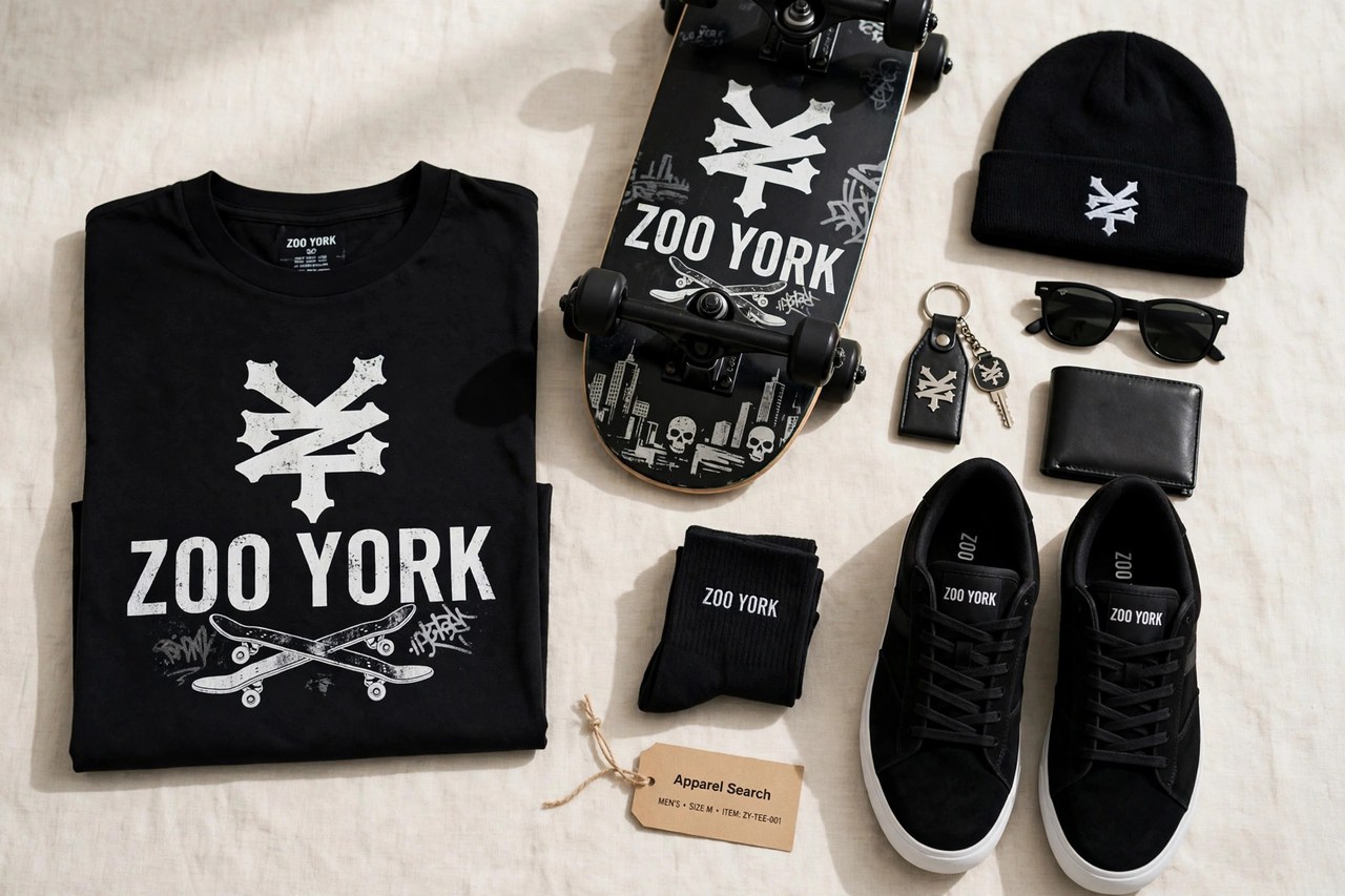 A flat lay of men's Zoo York style products only - a folded graphic t-shirt beside a skateboard, sneakers and accessories arranged neatly with a small Apparel Search tag, product photography with no people and no mannequins