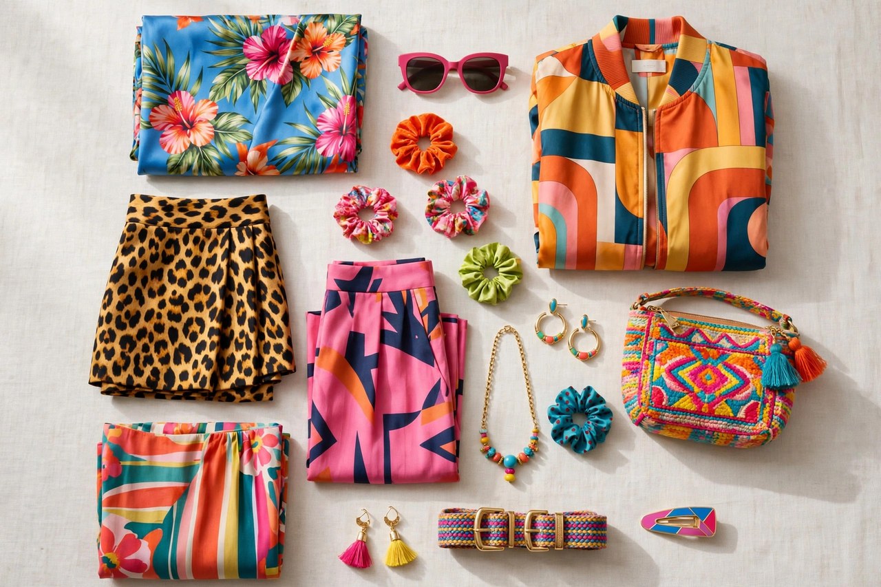 A flat lay of colourful women's designer clothing with bold prints and bright accessories, product photography with no people and no mannequins