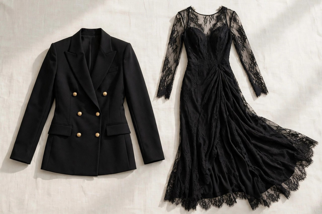 A flat lay of dramatic women's designer clothing - a sharply tailored jacket and an elegant dress on a dark background, product photography with no people and no mannequins