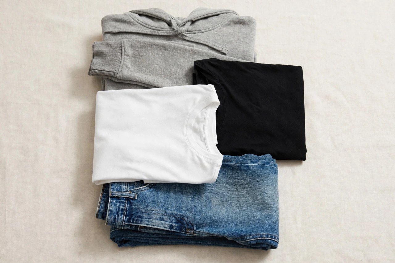 A flat lay of women's effortless basics - plain t-shirts, a hoodie and denim folded in a neat stack, product photography with no people and no mannequins
