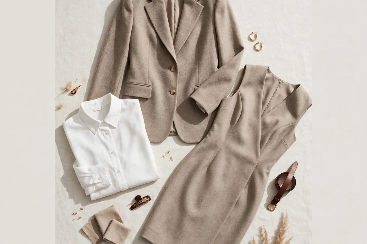 A flat lay of sophisticated women's work clothing - a tailored dress, blouse and blazer in a coordinated set, product photography with no people and no mannequins