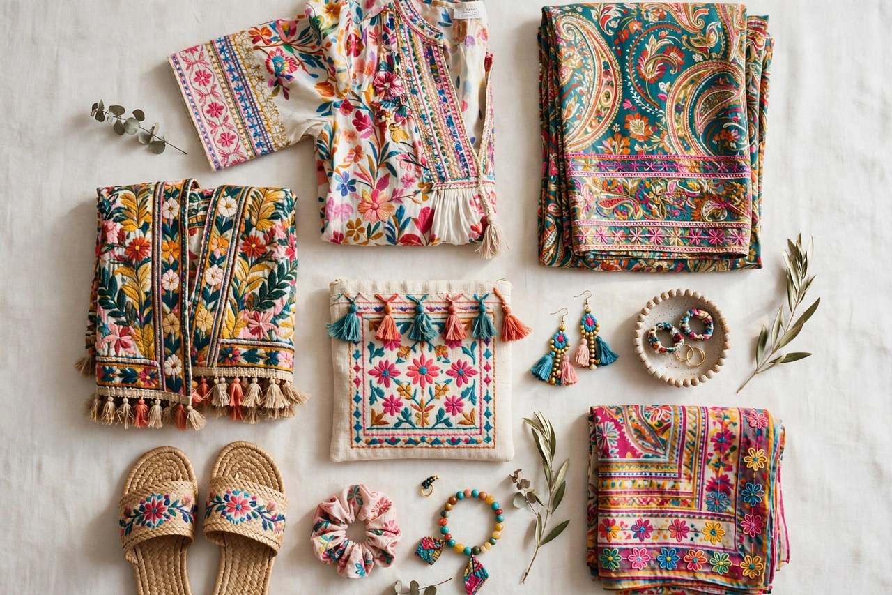 A flat lay of bohemian women's clothing with colourful prints and hand embroidery detailing, product photography with no people and no mannequins