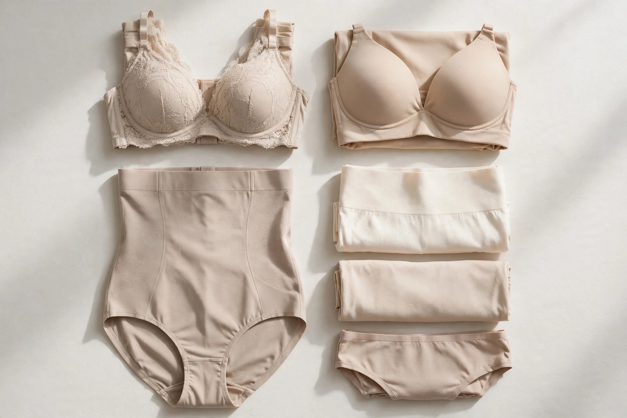 A flat lay of women's intimates garments - neatly folded bras, shapewear and briefs in soft neutral tones on a clean background, product photography with no people and no mannequins