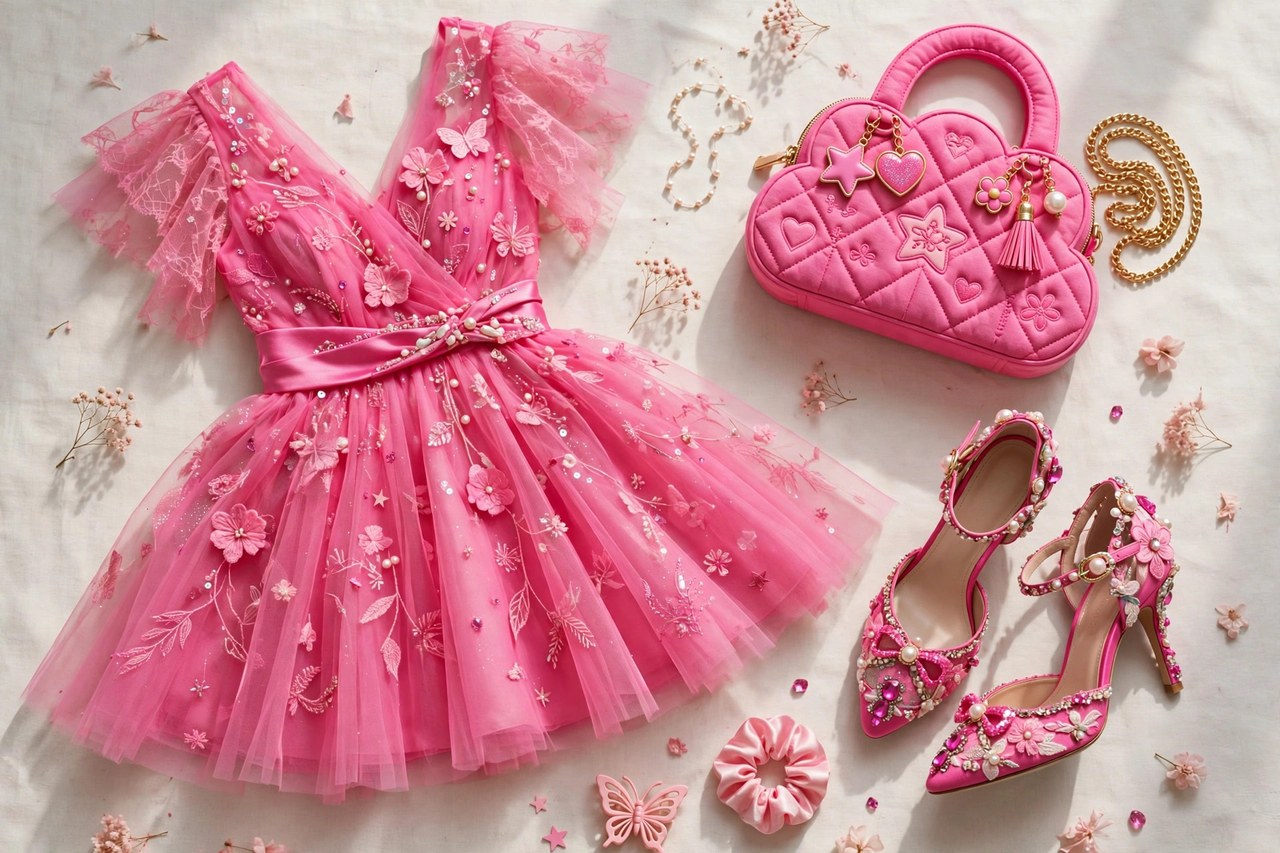 A flat lay of whimsical women's fashion - a tulle party dress, embellished heels and a novelty handbag in bright pink tones, product photography with no people and no mannequins