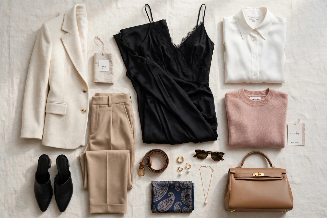 A flat lay of classic American women's designer clothing - an elegant evening dress and tailored separates in refined colours, product photography with no people and no mannequins