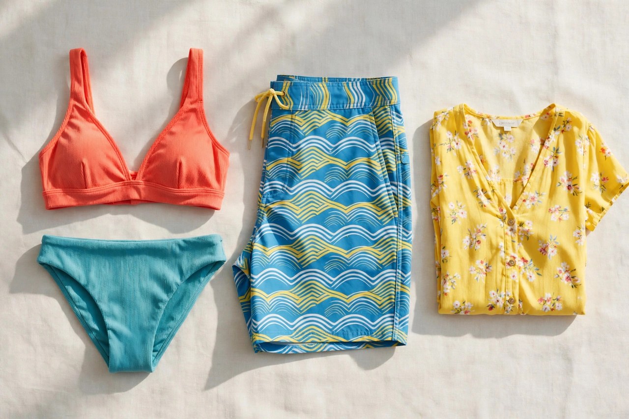 A flat lay of women's surf clothing - folded swimwear separates, a beach dress and boardshorts in bright coastal colours, product photography with no people and no mannequins