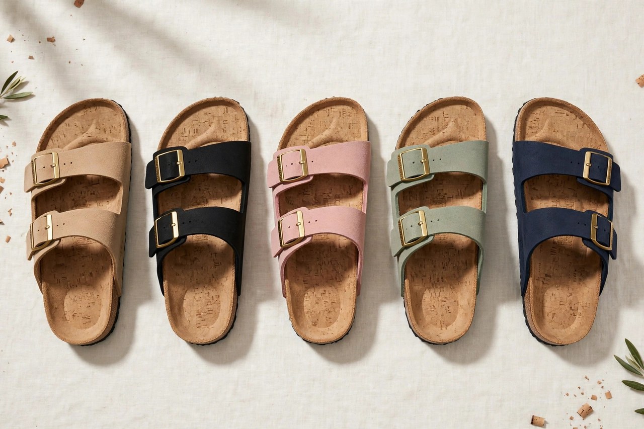 A flat lay of women's cork footbed sandals in several colours arranged on a clean background, product photography with no people and no mannequins