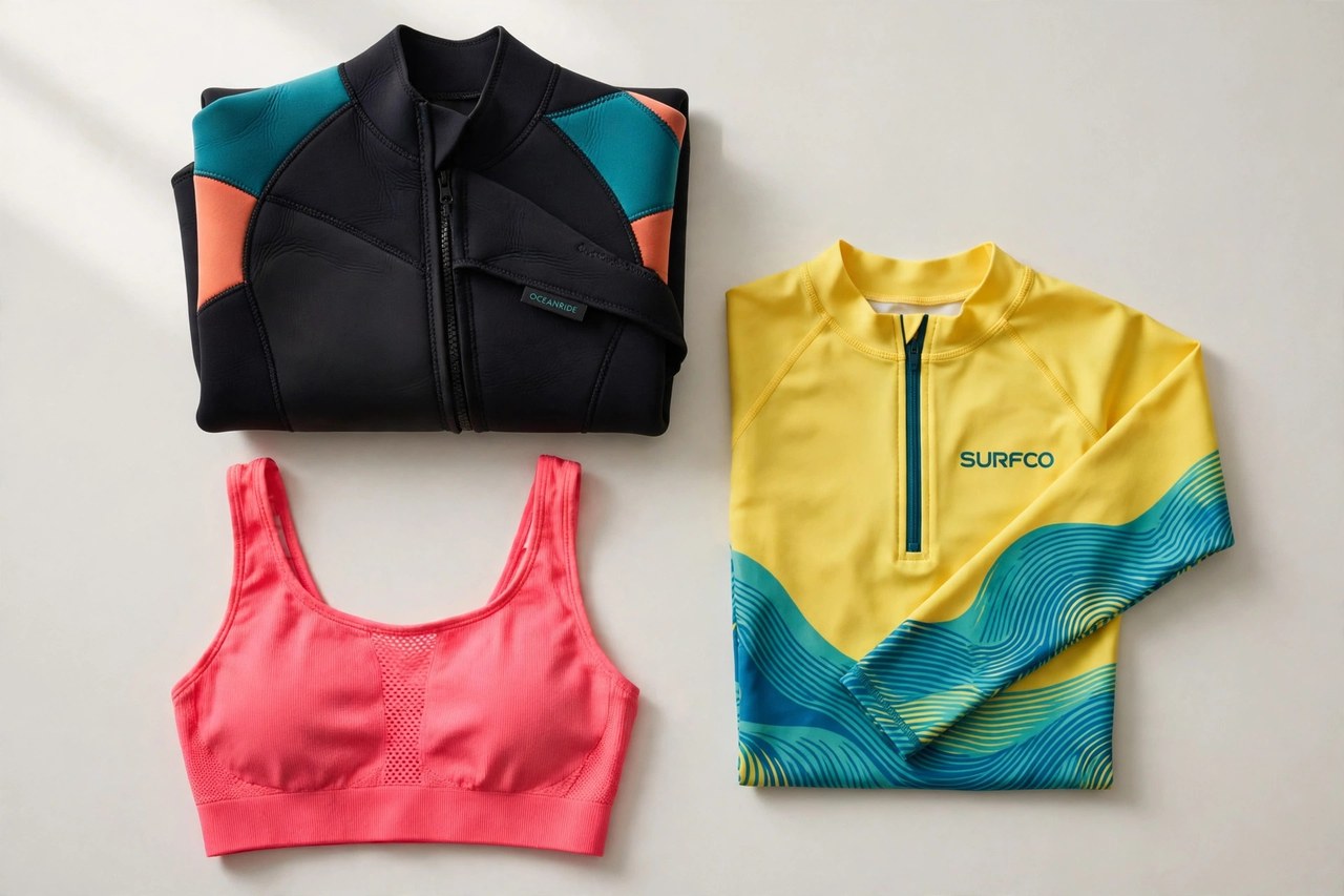 A flat lay of women's water sports gear - a folded neoprene wetsuit, a swim top and a rash guard in bright colours, product photography with no people and no mannequins