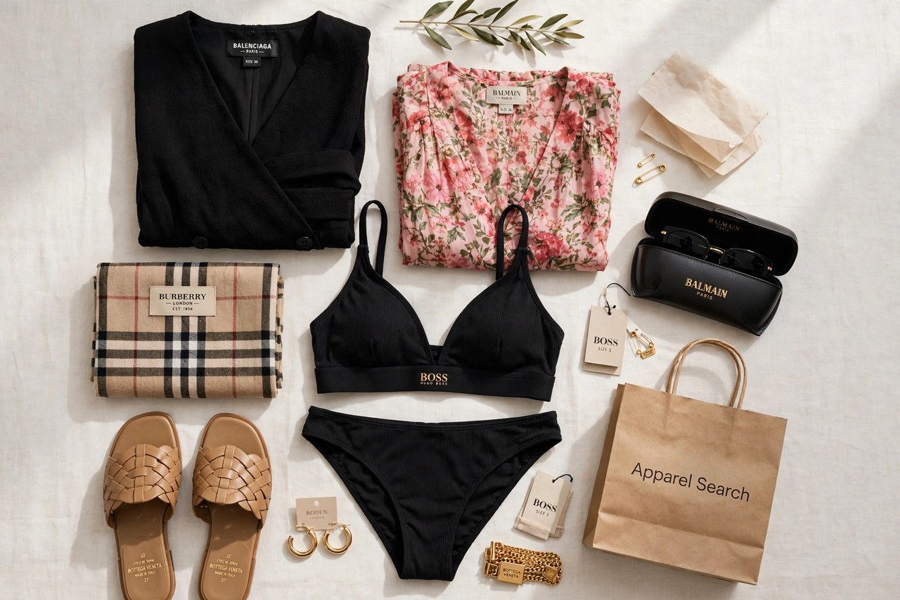 A flat lay of women's clothing from brands beginning with B - dresses, swimwear, sandals and designer pieces arranged together with a small Apparel Search shopping bag, product photography with no people and no mannequins