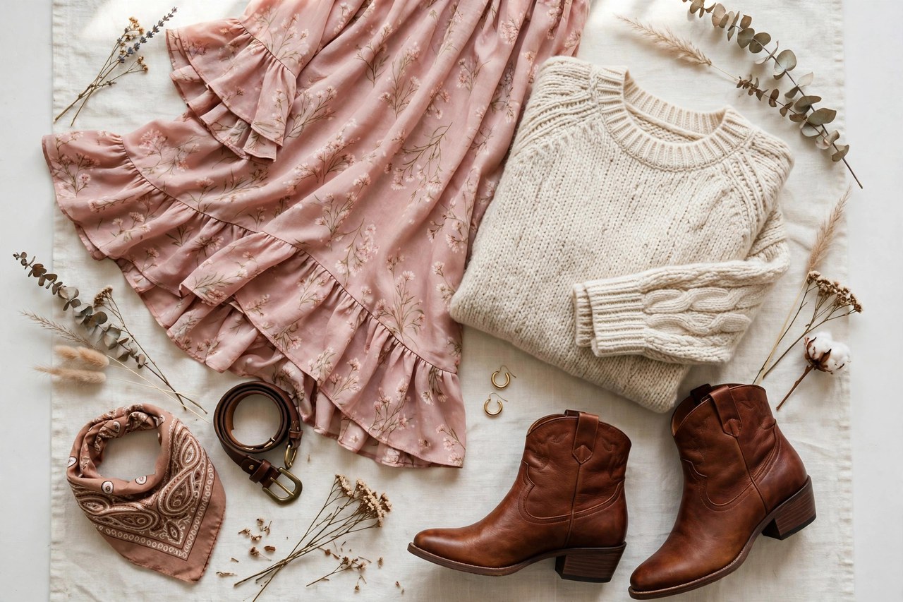 A flat lay of women's romantic ready-to-wear - a flowing dress, a soft sweater and leather footwear arranged with natural, ranch-inspired styling, product photography with no people and no mannequins