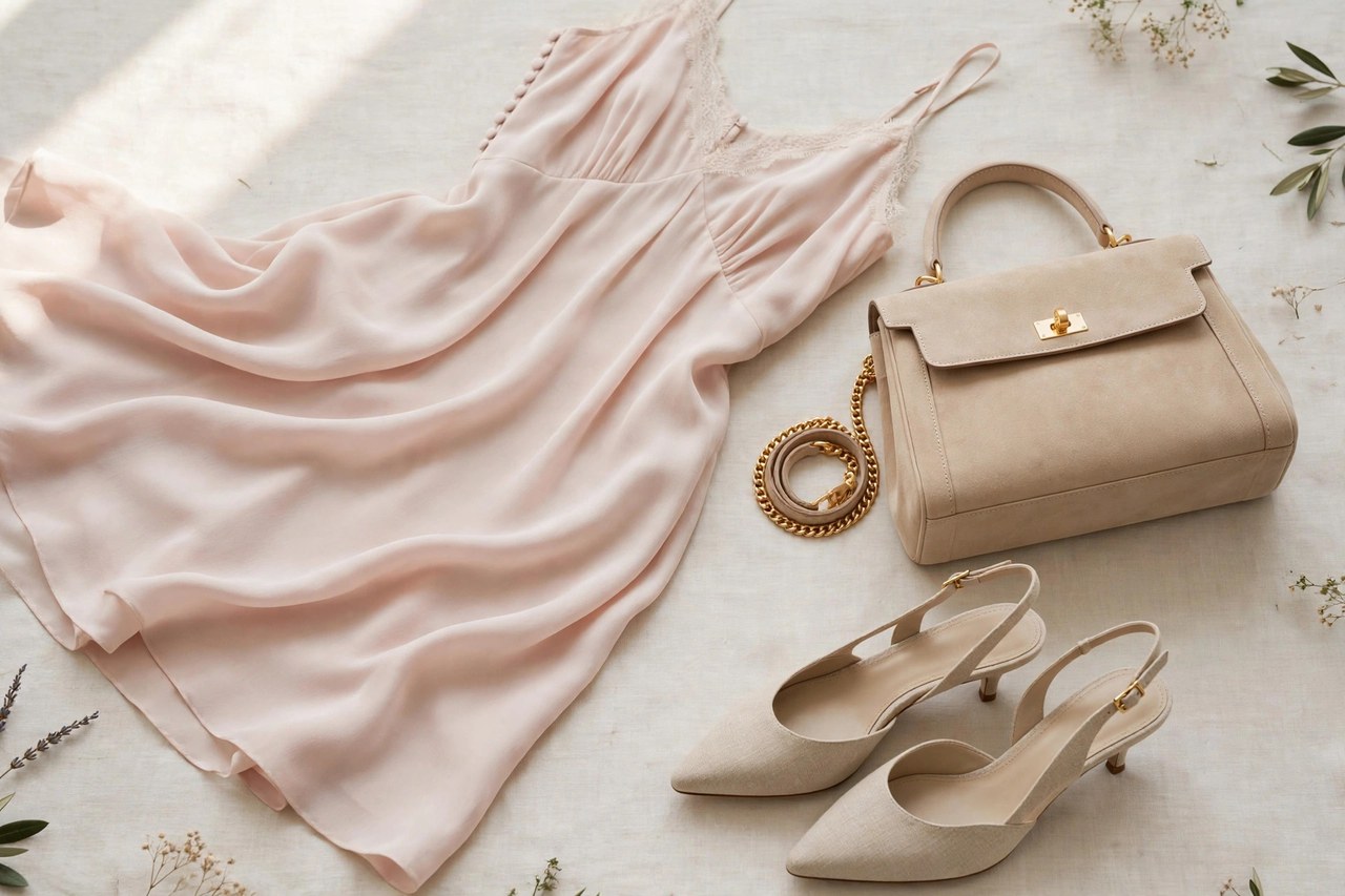 A flat lay of women's French luxury clothing - a soft flowing dress, a handbag and elegant shoes in fine fabrics, product photography with no people and no mannequins
