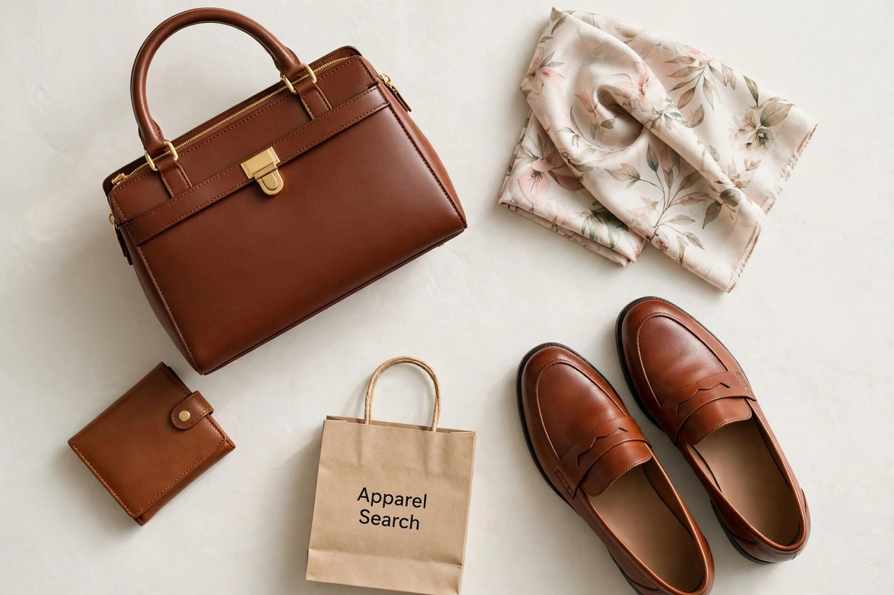 A flat lay of women's leather goods - a structured handbag, a small leather wallet, a scarf and leather shoes arranged elegantly with a small Apparel Search shopping bag, product photography with no people and no mannequins