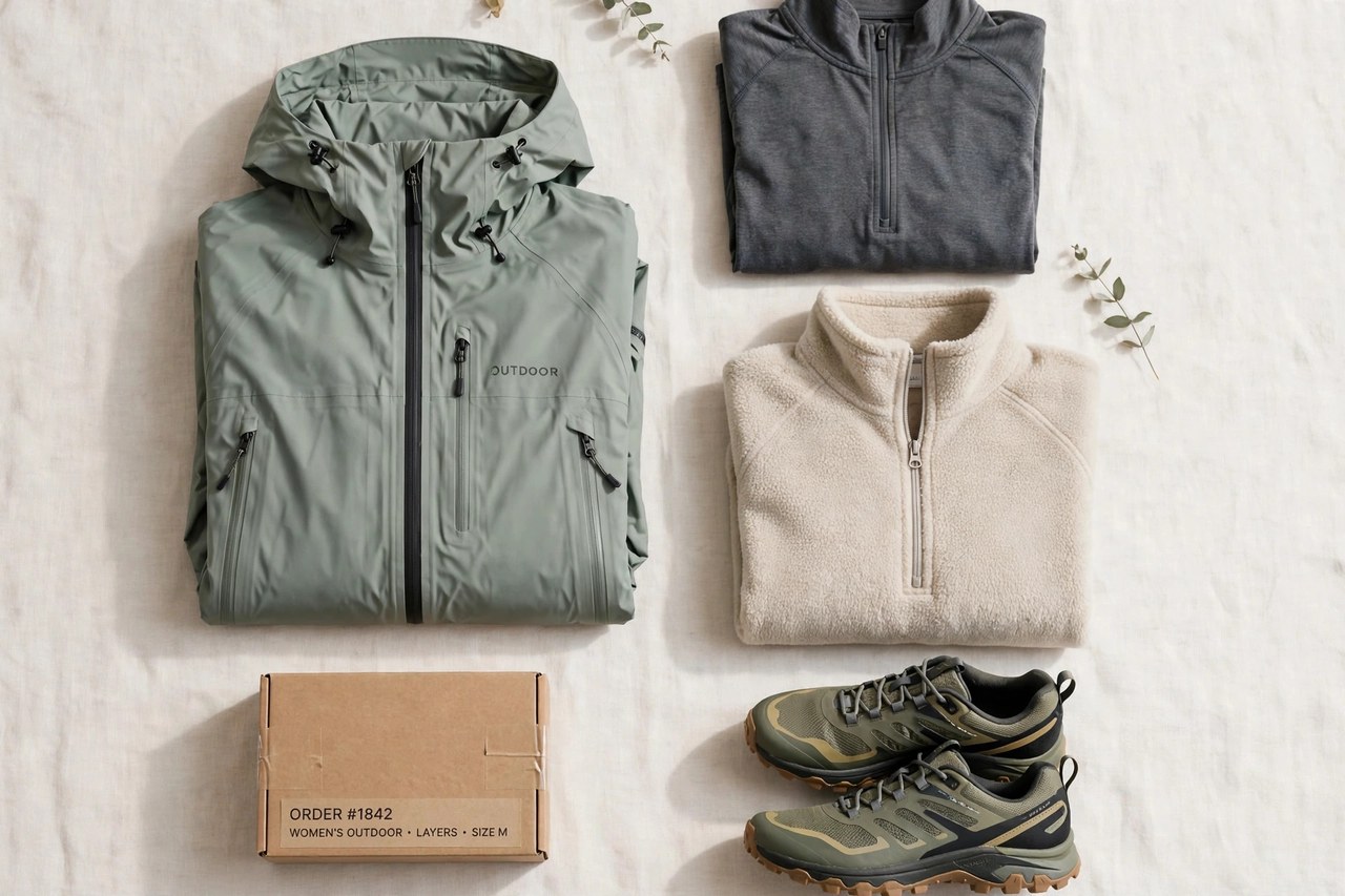 A flat lay of women's outdoor clothing - a waterproof jacket, hiking layers, trail shoes and a fleece arranged with a small shipping carton, product photography with no people and no mannequins