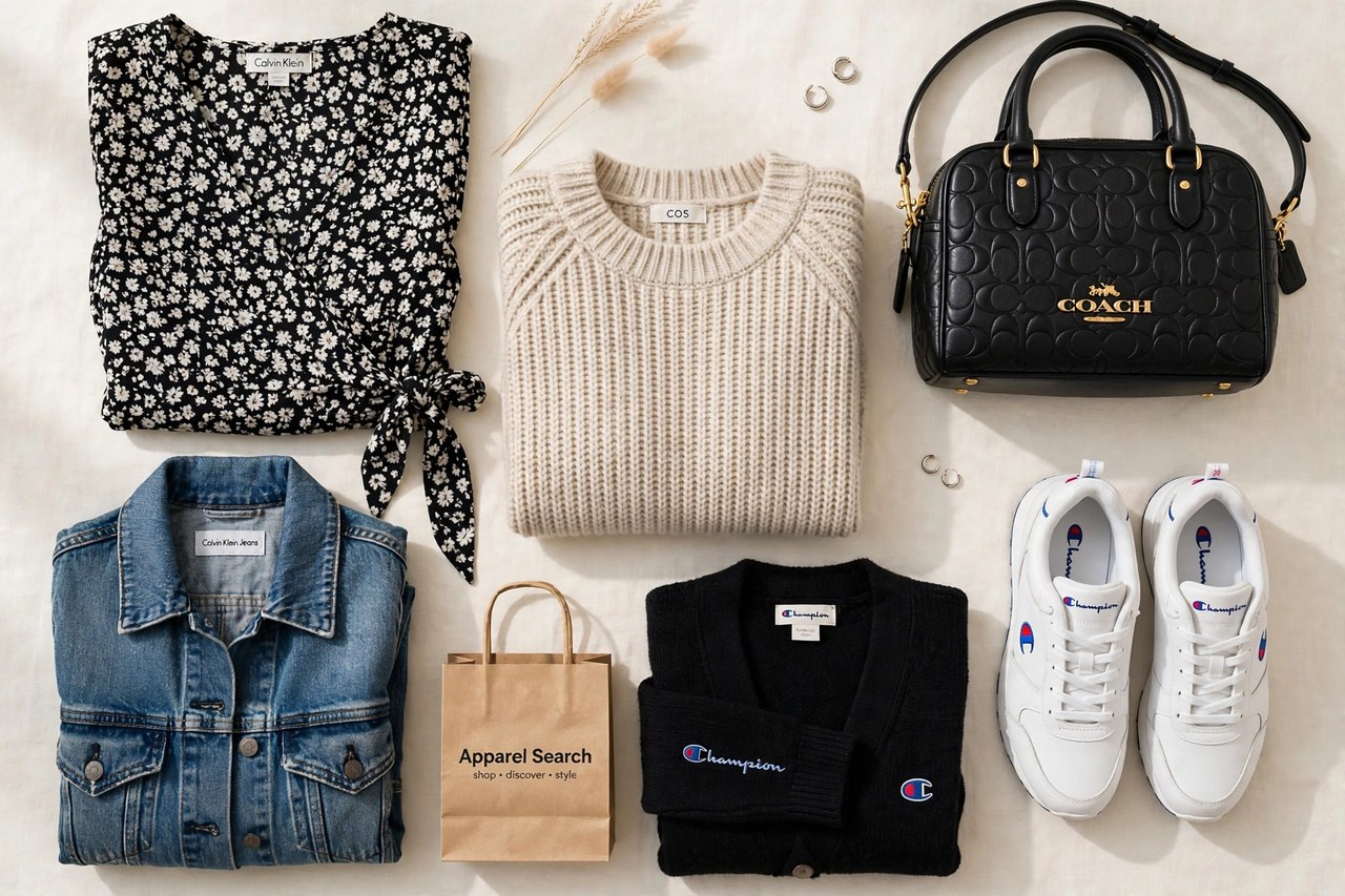 A flat lay of women's clothing from brands beginning with C - dresses, denim, knitwear, sneakers and handbags arranged together with a small Apparel Search shopping bag, product photography with no people and no mannequins